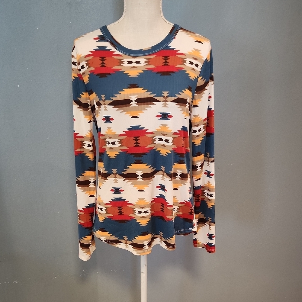 No Boundaries Ribbed Crew Neck High-low Southwest Aztec Print Long Sleeve Top